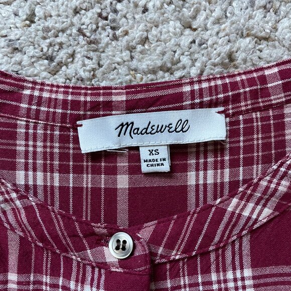 - Madewell - Maroon Plaid Long Balloon Sleeve Button-Up Peasant Blouse - Picture 4 of 5